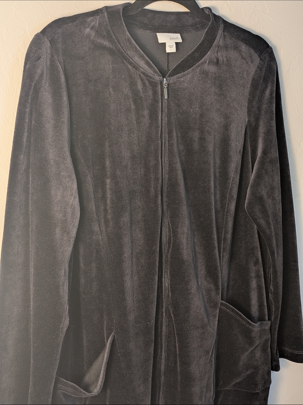 Pure Jill Velour Zip-Front Women’s Cardigan - Black L Coastal Grandma Lagenlook